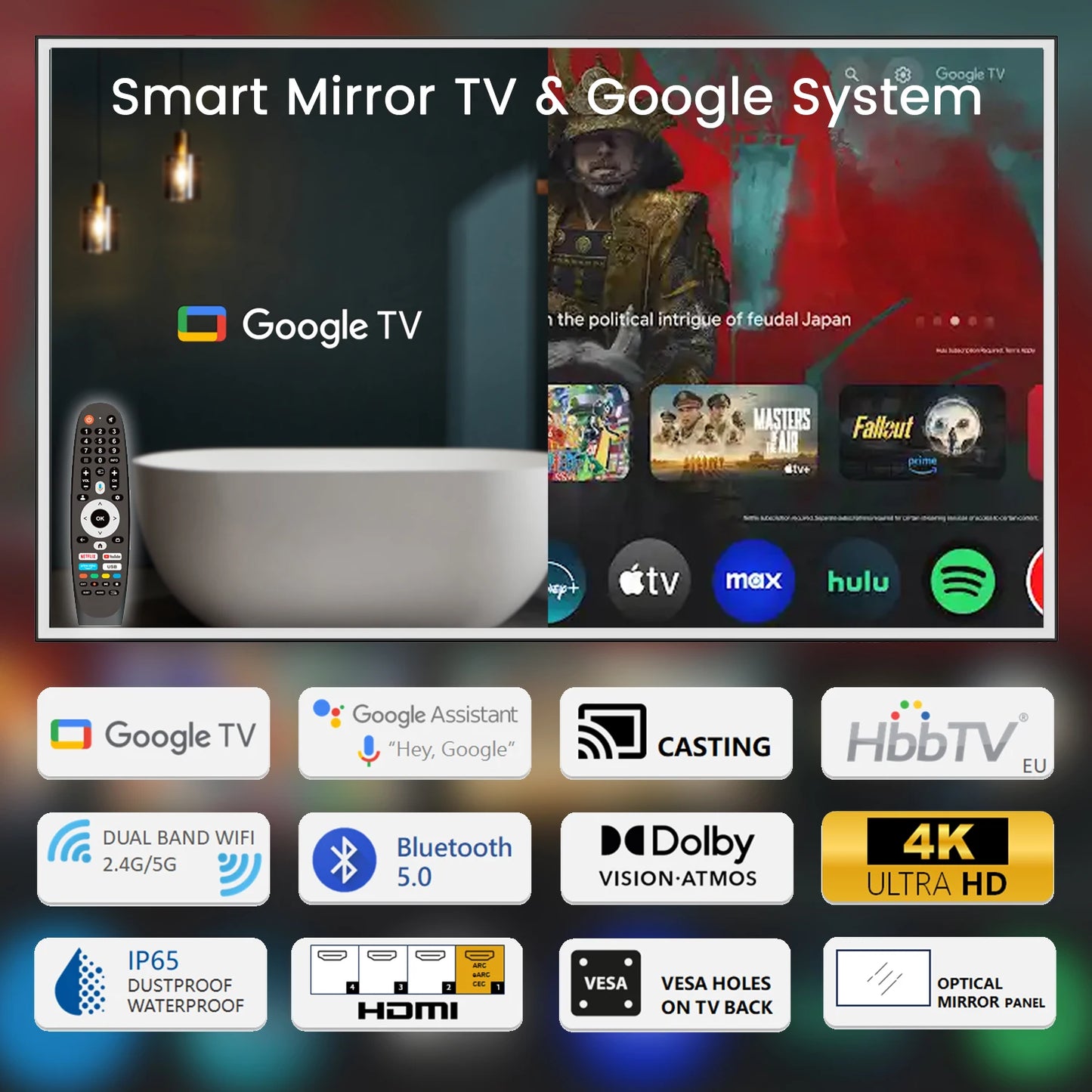 2025 Model Soulaca 43-inch 4K Ultra HD Smart Bathroom Mirror TV with LED Lights Built-in Netflix & YouTube Modern Vanity Mirror