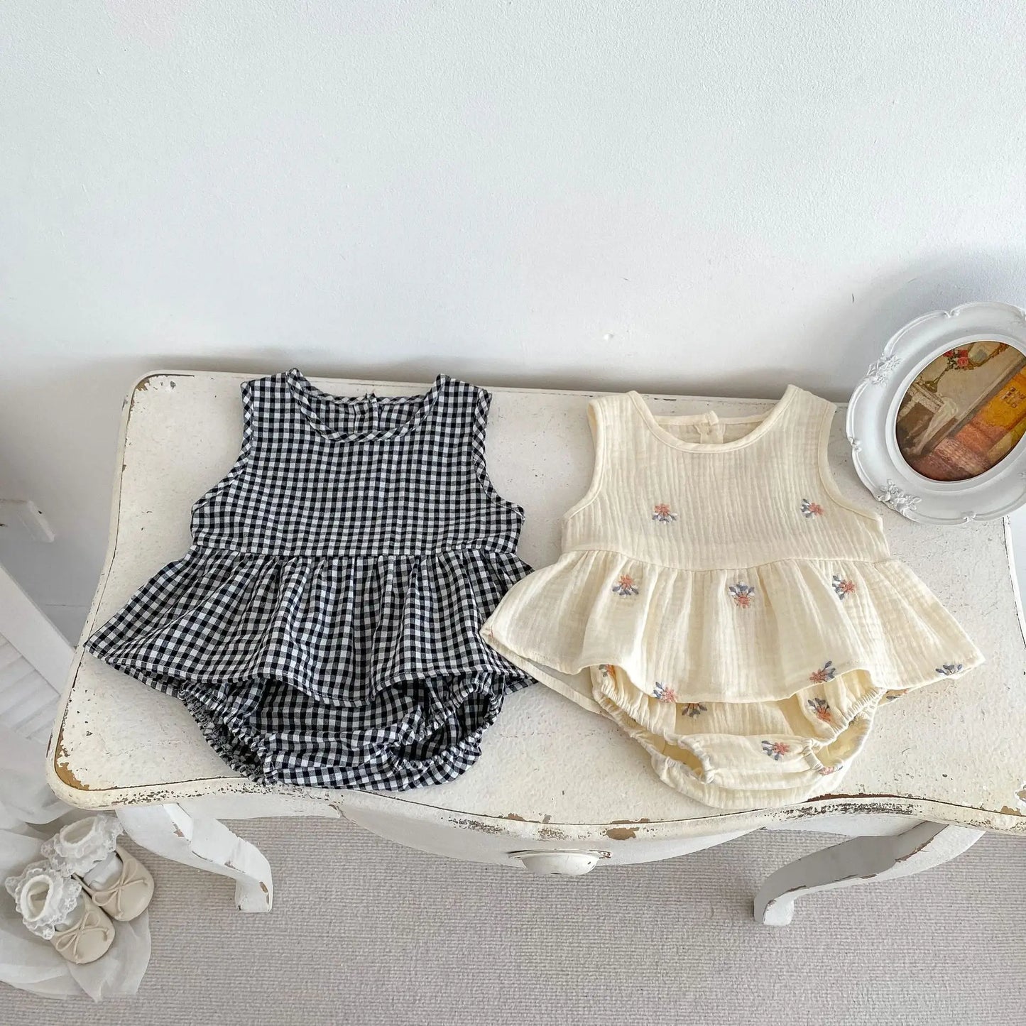 New Summer Baby Girl's Clothing Set Embroidered Floral Tee And Bloomer 2Pcs Suit Toddler Breathable Cotton Linen Plaid Outfit