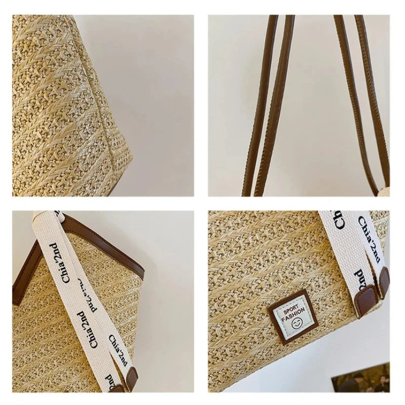 Women's shoulder bag large capacity tote bag women's retro hand straw woven bag everything shoulder woven bag commuting bag