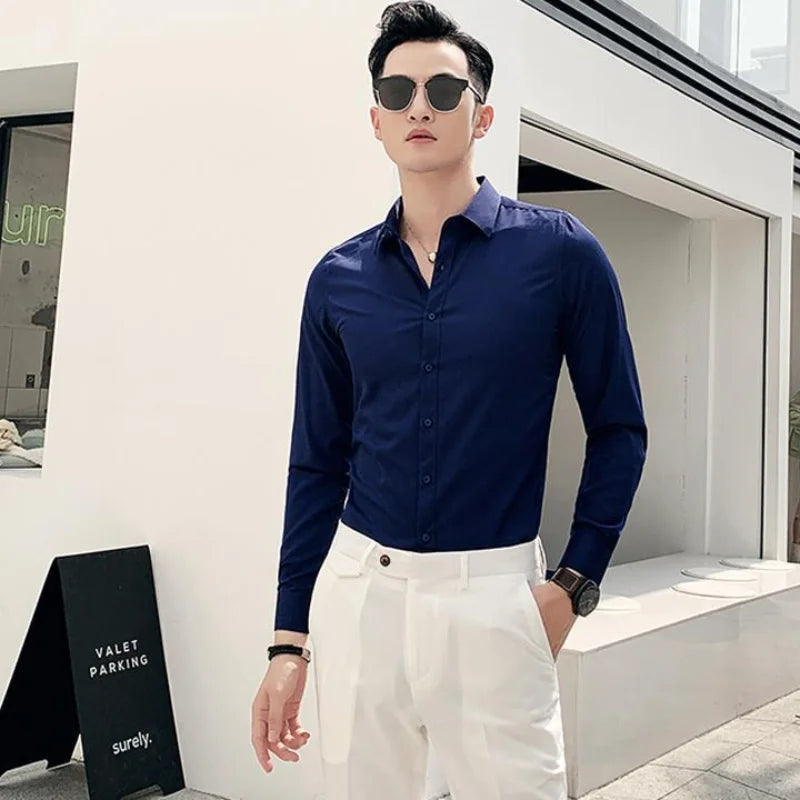 Man Tops Business Red Formal Plain Shirts and Blouses for Men Long Sleeve High Quality Luxury Designer Vintage Cotton Clothing S