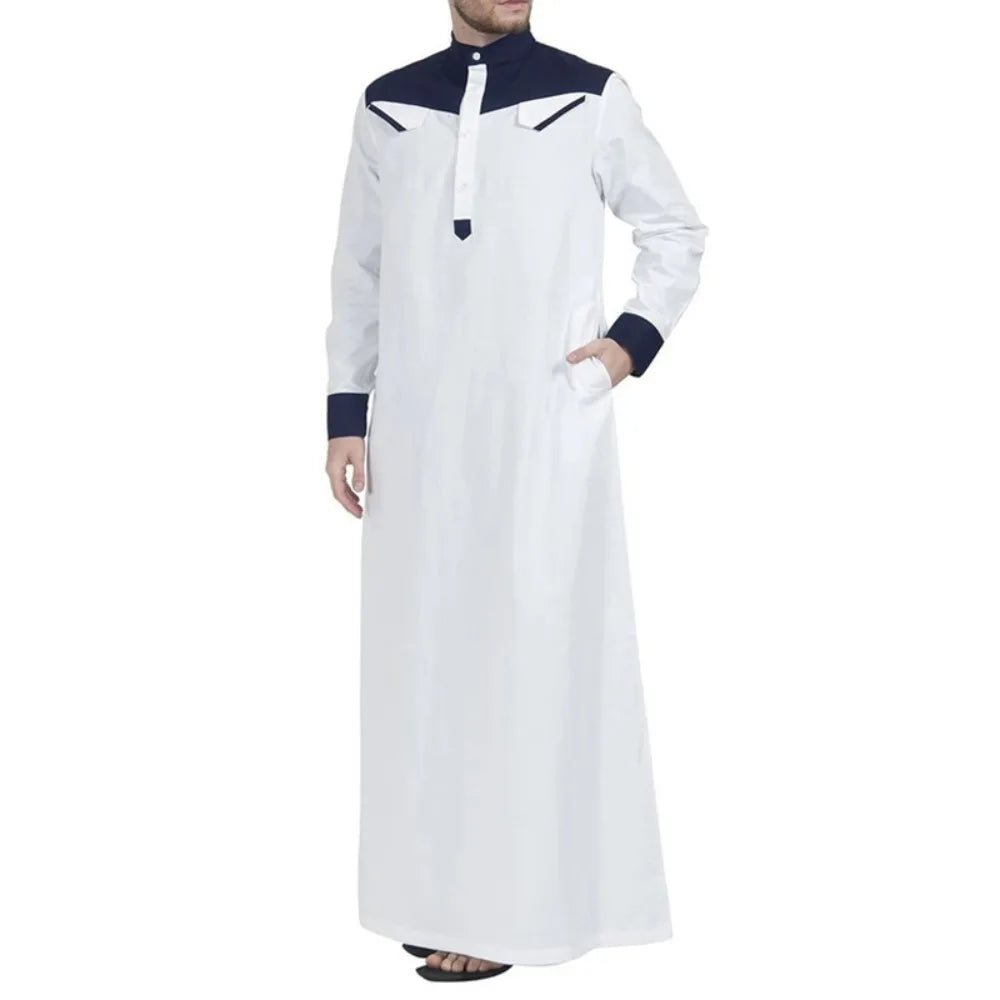 Muslim Southeast Asian Men's Clothing, Color-blocked Stand-collar Robes, Loose-fit Middle Eastern Robes Are Super Fashionable.