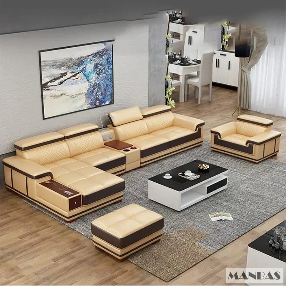 Modern Luxury Genuine Leather Sectional Sofa with Chaise Lounge, Adjustable Headrest, Built-in Storage, USB Charging, Cup Holder