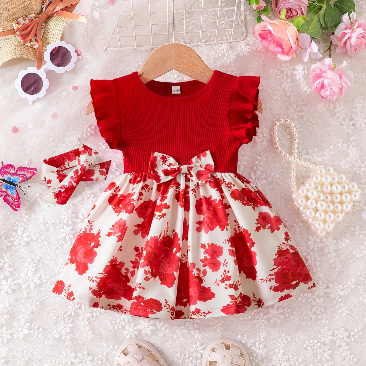 0-3 Years Baby Girl Clothes Summer Sleeveless Printed Dress Newborn Girl 1st Birthday Dress Ruffled Patchwork Dress and Headband