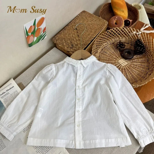 Fashion Baby Girl Princess Cotton Shirt Lace Collar Infant Toddler Child Blouses Outfit Spring Autumn White Baby Clothes 1-10Y
