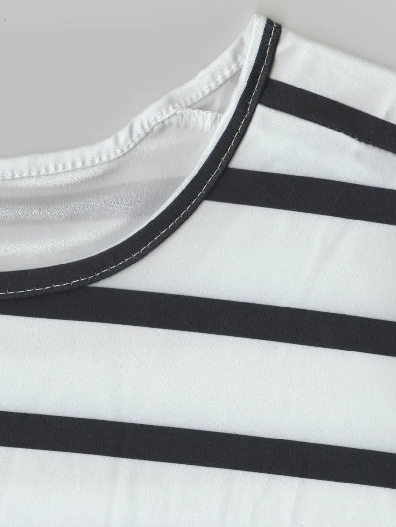 2024 New Women's Clothing Source: Round Neck Spliced Striped Short Sleeved Versatile Outerwear T-Shirt