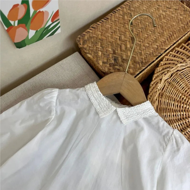 Fashion Baby Girl Princess Cotton Shirt Lace Collar Infant Toddler Child Blouses Outfit Spring Autumn White Baby Clothes 1-10Y