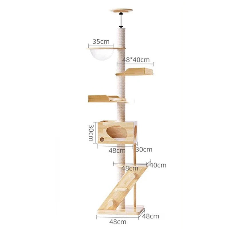 Solid Wood Cat Tree House Tower Floor To Ceiling Cat Tree Tall Wooden Large Towers Cats Trees Climbing Scratching Post Pets