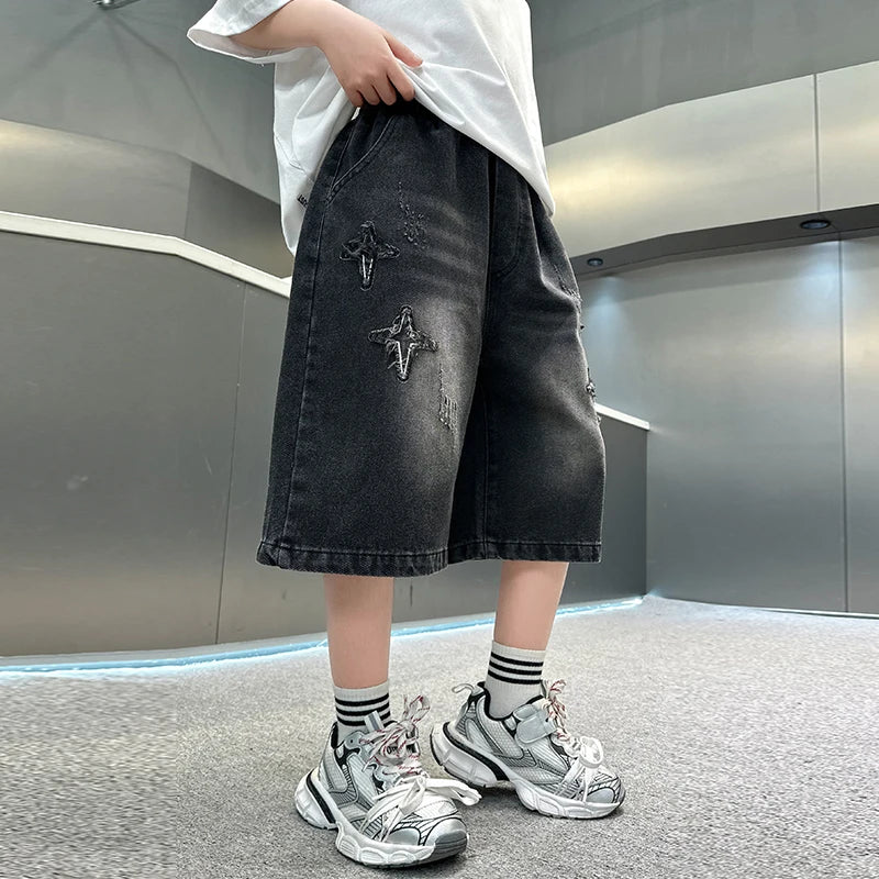 Boy Star  Jeans 2025 Summer New Product Fashion Boys Denim Mid-Pants Children's Casual Cropped Pants 5-15 Years Old