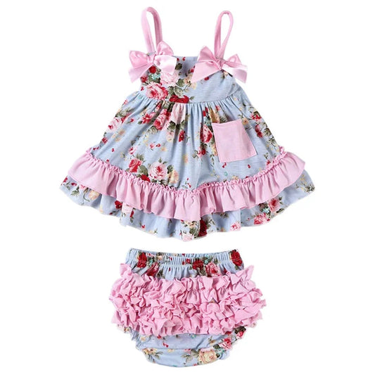 2025 New Born Baby Girl Clothes Baby Suit Overall Floral Clothes Set 3-24m Cotton Sleeveless Toddler Infant Ruffle Tops + Shorts