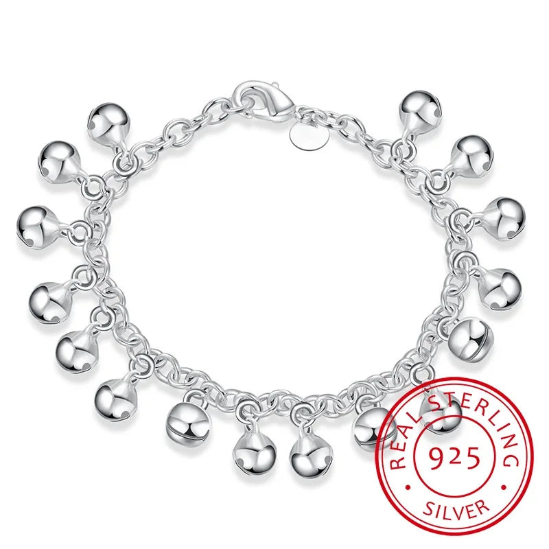 LEKANI Brand Fine Jewelry Woman's Charm Bracelet 925 Sterling Silver Rolo Hand Chain Small Bells Bracelet Bangle for Women Girls