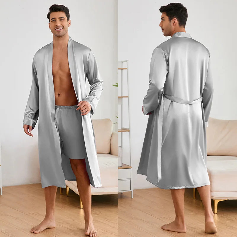 Men's Long Robe Pajama 2-Piece Set Silk Satin Kimono Bathrobe Gown Home Clothing Loose Casual Pijamas Suit Loungewear Sleepwear