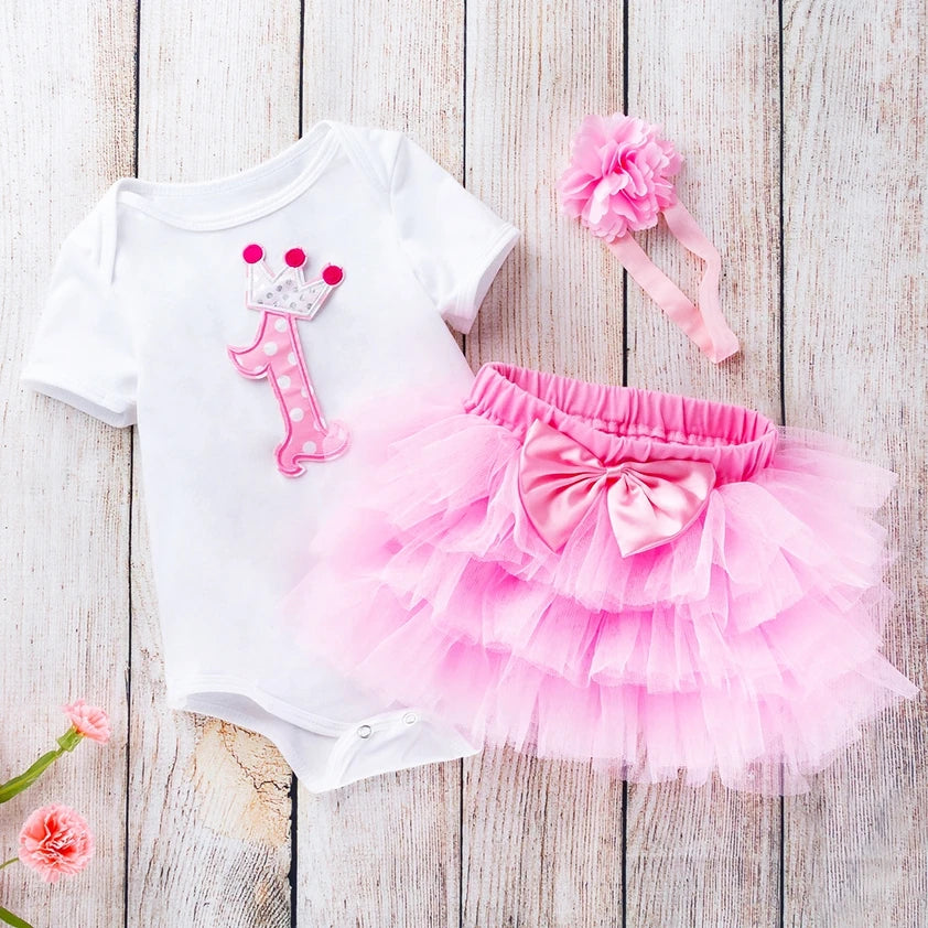 Newborn Girl Sweet Clothes Cotton First Birthday Bodysuit Cake Smash Tutu Skirt Headband Baby Girl Birthday Outfits Party Wear