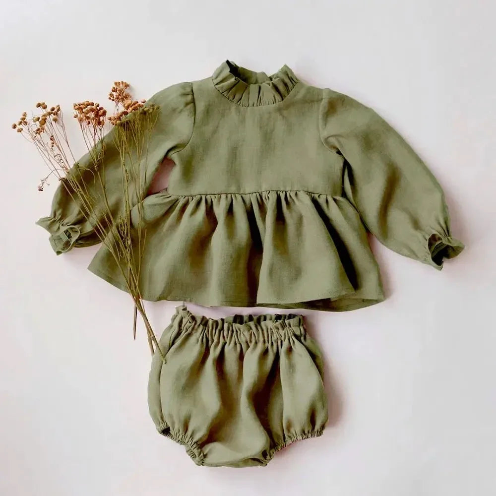 2Pcs Baby Girl Clothing Sets Spring Summer Linen Cotton Infant Baby Girl Outfits Blouse + Bottom Shorts