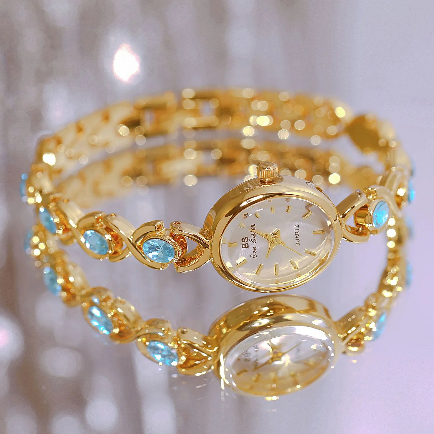 Blue Jewel Oval Bracelet Watch Luxury Crystal Quartz Watches For Woman Vintage Gold Silver Jade Wristwatch Gifts For Women