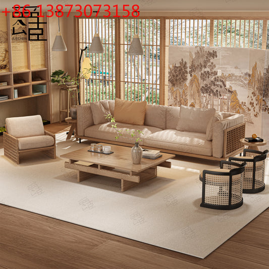 Medieval wind wabi-sabi wind leisure area straight row sofa Song's aesthetic homestay solid wood sofa