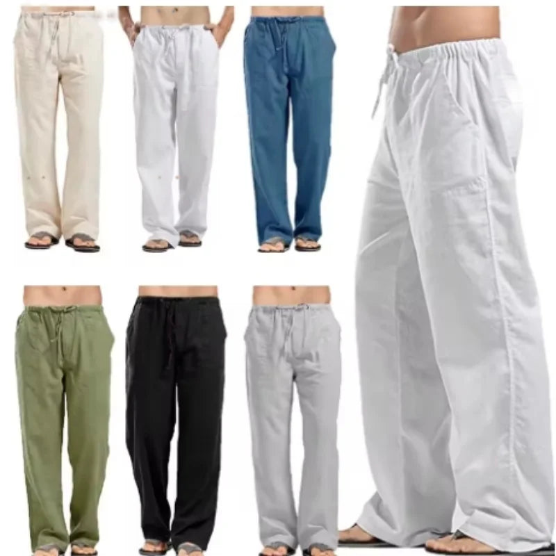 2024 New Men's Cotton Linen Pants Summer Solid Color Breathable Linen Trousers Male Casual Elastic Waist Fitness Pants
