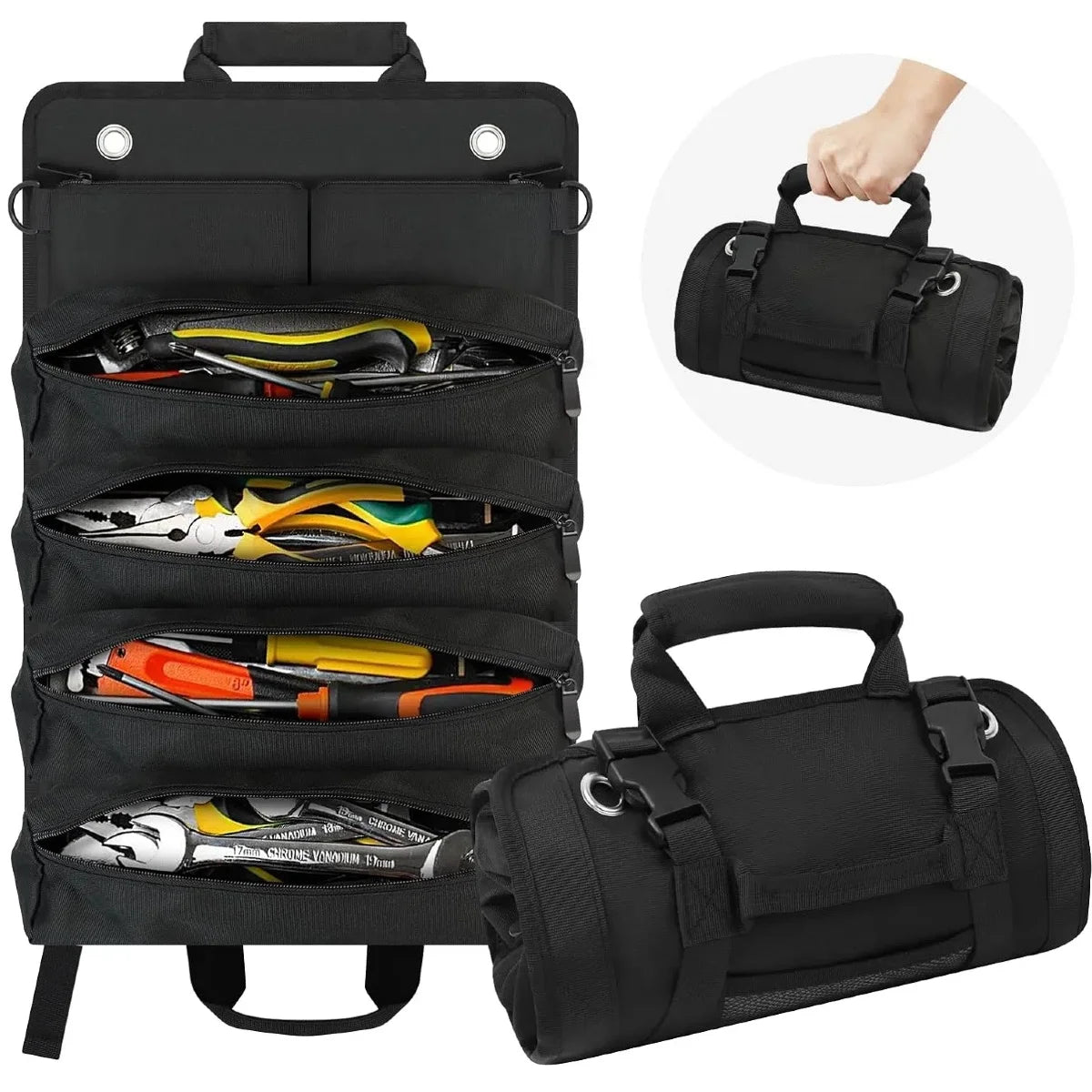 Rolling Tool Bag Storage Bag, Gift for Him, Heavy-Duty Motorcycle Tool Roll Bag Storage Bag, Portable Rolling Tool Bag with Removable Pouch - Suitable for Dad, Machinery and Electricians for Men