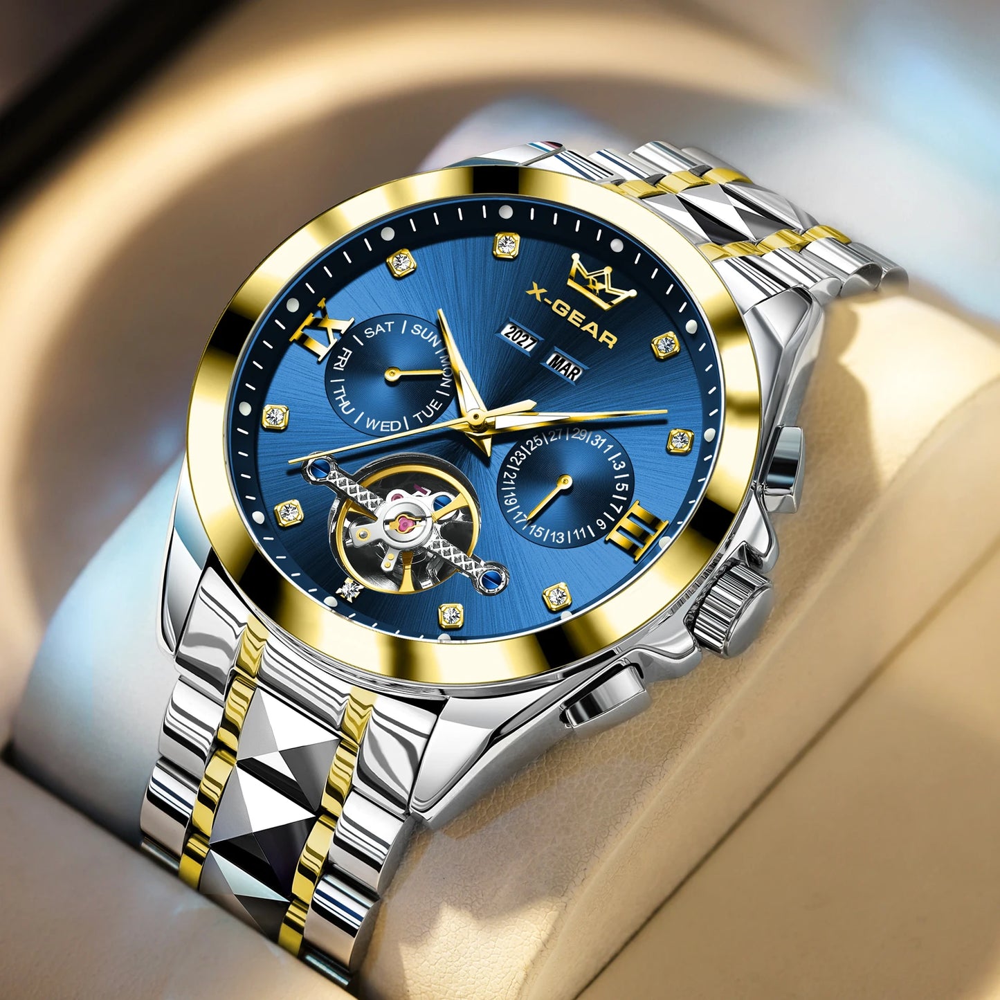 Men's Automatic Mechanical Watch with Tourbillon Waterproof Luminous Stainless Steel Strap Luxury Multi-Functional Timepiece