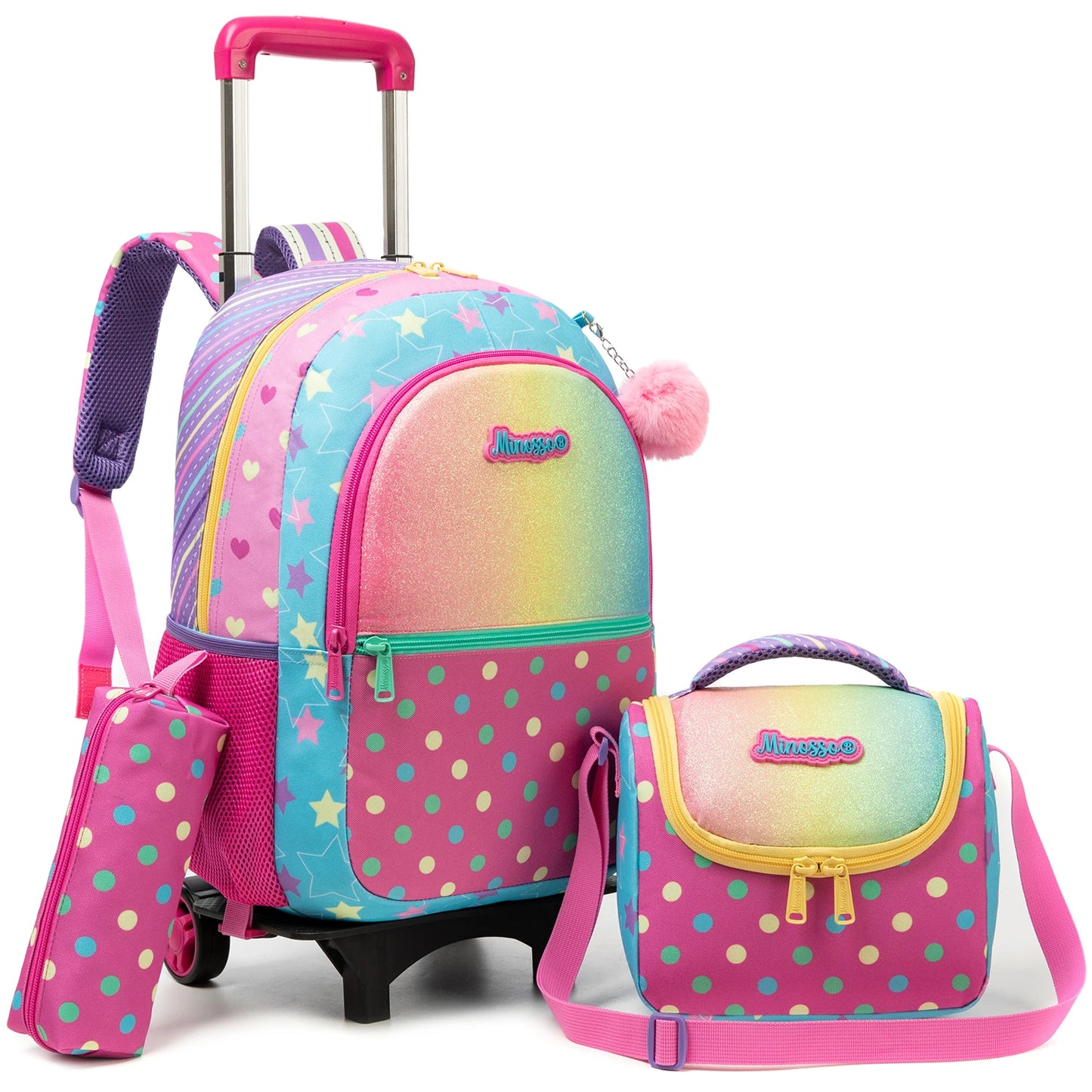 Cute Rolling Backpack for Girls Trolley School Bags Girls Backpacks with Wheels Kids Carry-on Travel Luggage Pink
