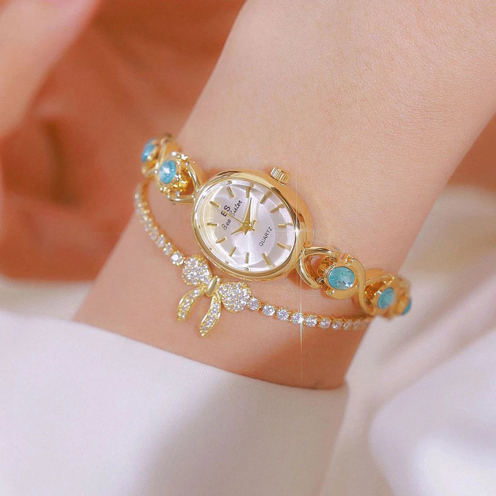 Blue Jewel Oval Bracelet Watch Luxury Crystal Quartz Watches For Woman Vintage Gold Silver Jade Wristwatch Gifts For Women
