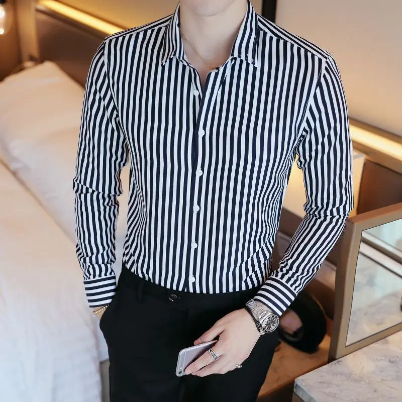 Men's Clothing Fashion British Style Striped Business Casual All Match Shirt Long Sleeve Slim No Ironing Tops Camisas De Hombre