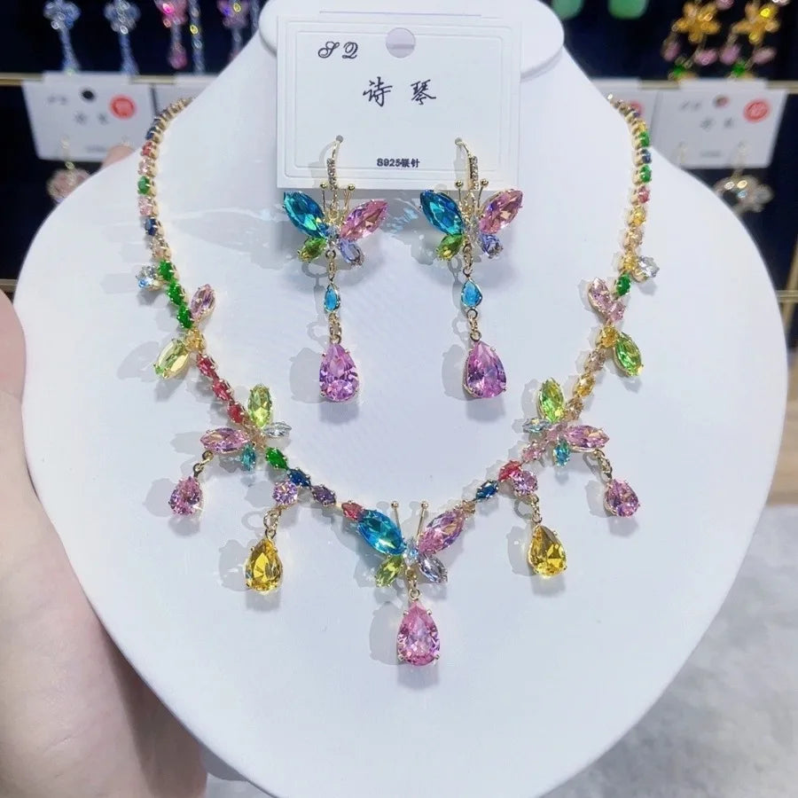 Women Rainbow Gemstone Necklace 18K Gold Plated Waterdrop Zirconia Earrings 2024