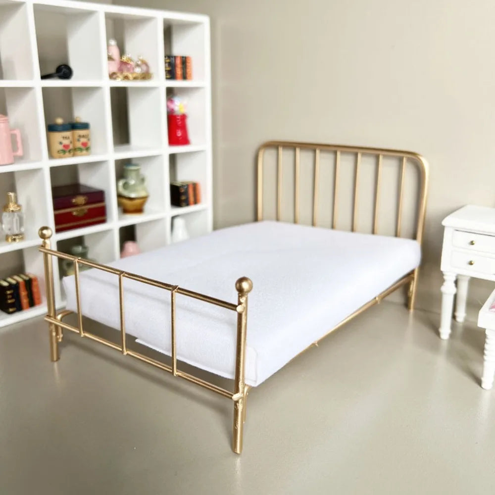 1:12 Scale Dollhouse Bed Iron Frame With Mattress Doll Bed Furniture Bedroom Scene Single Bed Mini Bed Model