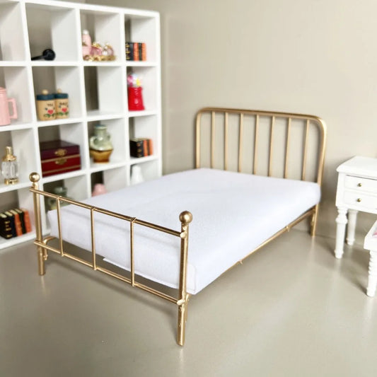 1:12 Scale Dollhouse Bed Iron Frame With Mattress Doll Bed Furniture Bedroom Scene Single Bed Mini Bed Model