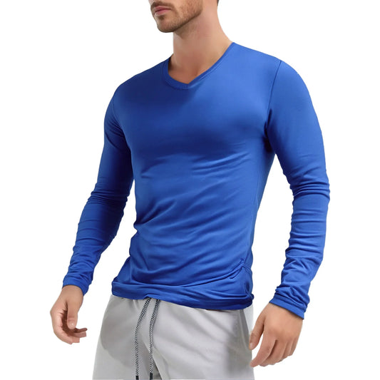 Men's Clothing Fashion V Neck Slim Fit T-shirt Tops Long Sleeve Slim Fit Undershirt Casual Solid Color Long Sleeve Tees Tops