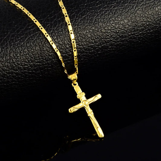 Women's 24K Gold (AU999) Stylish Cross Necklace | Gold-Inlaid Bead Cross, Hammered Space Texture with Rotatable Meteorite Charm