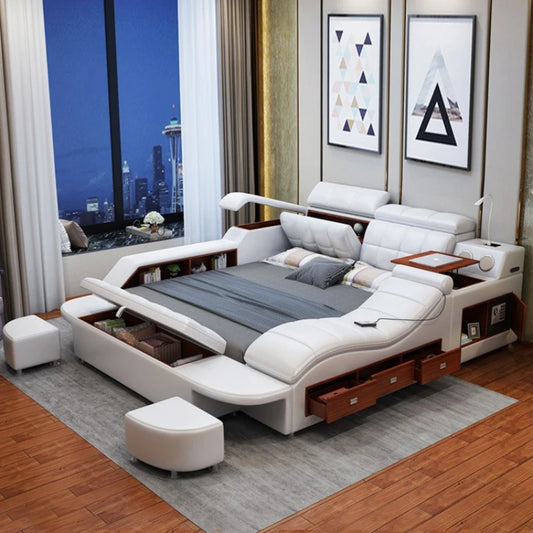 King/Queen Size Multifunctional Bed Tech Smart Beds Ultimate Camas TATAMI Massage Lit Genuine Leather Upholstered Bed with Audio