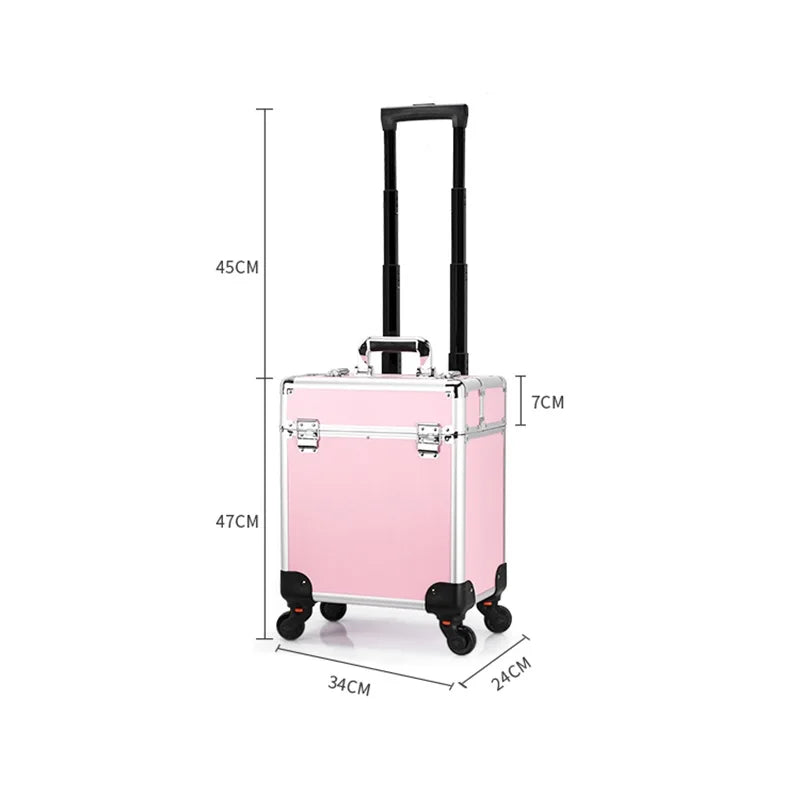 Aluminum Rolling Makeup Case Lockable Cosmetic Salon Organizer Trolley Case With Trays