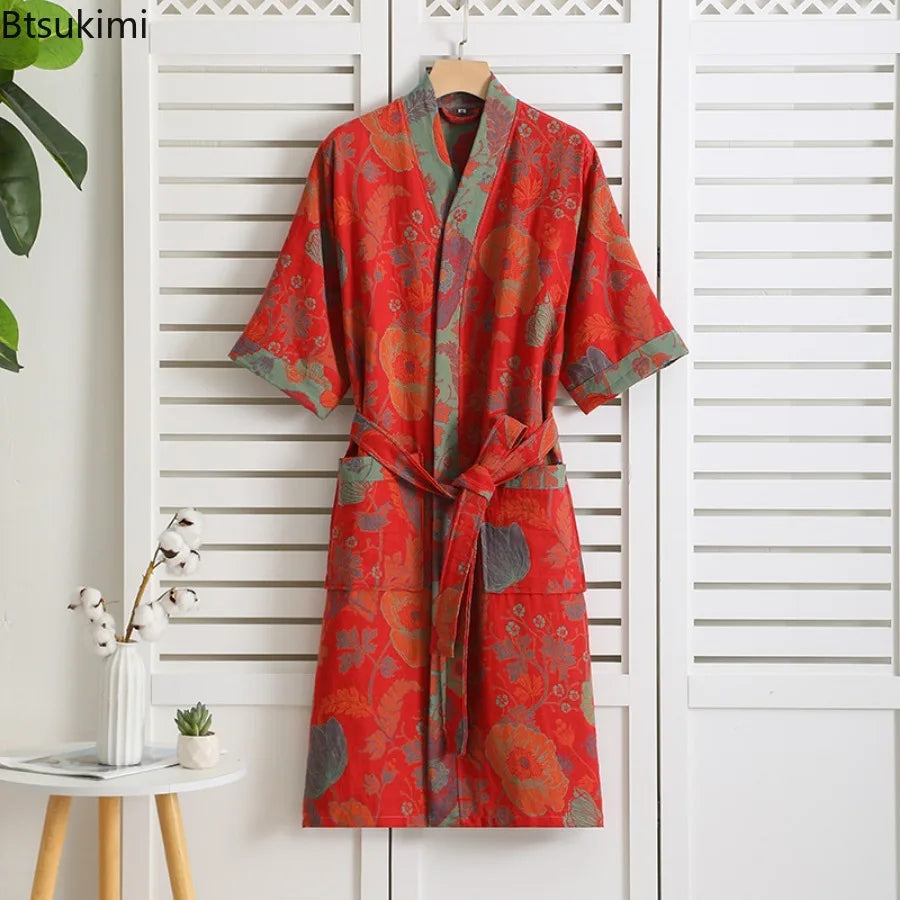 New 100% Cotton Lady's Bathroom Robe Printed Nightgown Style Pure Cotton Double-Layer Gauze Comfortable Dressing Gown for Women