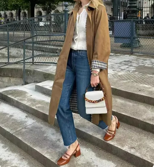 Women's clothing Long style Buttons Coat Outerwear New style Turn-down collar Loose fit Chic Commuter Trench coat Fashionable