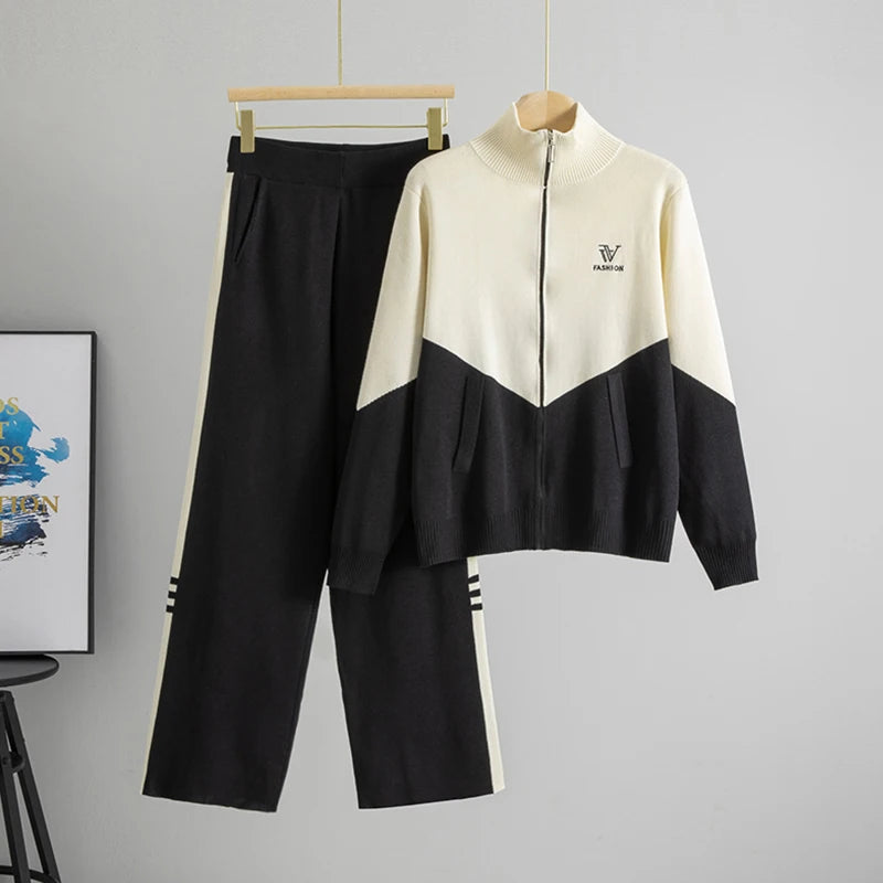 Womens Clothing 2 Pieces Set Casual Color Block Sports Suits Half High Collar Cardigan Sweater Trouser Tracksuit Women Clothing