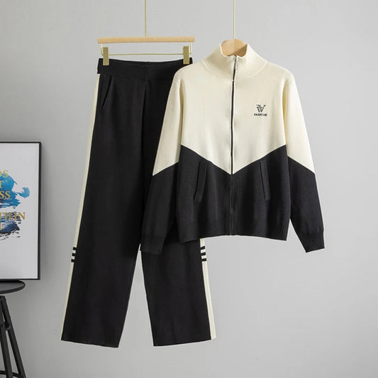 Womens Clothing 2 Pieces Set Casual Color Block Sports Suits Half High Collar Cardigan Sweater Trouser Tracksuit Women Clothing