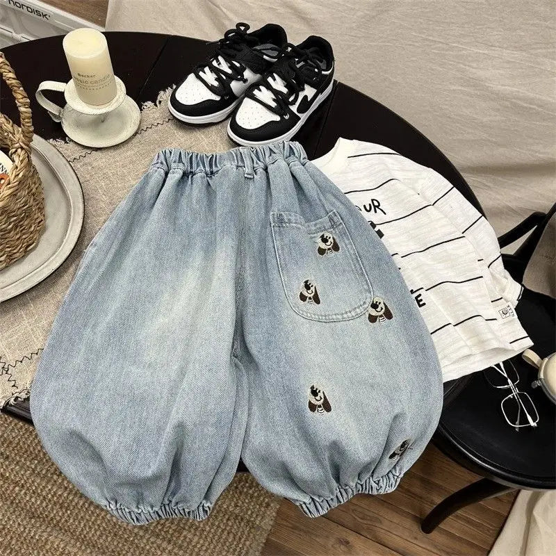 Baby Boys' Cartoon Embroidery Jeans Spring Autumn Loose Denim Pants Korean Casual Wide-leg Pants Children's Ankle-length Pants