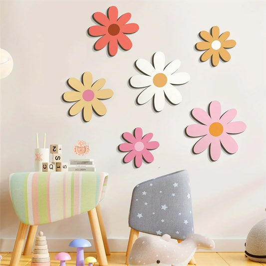 Nordic Wooden Flower Wall Ornaments Kids Room Decoration Boho Wood Daisy Flowers Stickers Crafts Baby Nursery Decor Photo Props