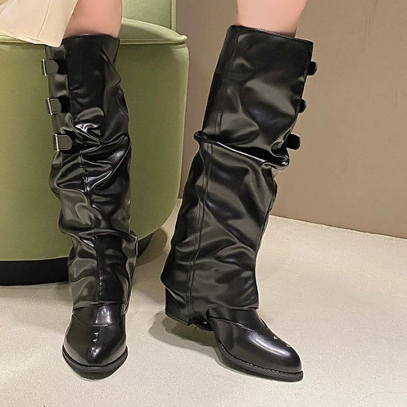 Women's Shoes 2024 High Quality Slip on Women's Boots Autumn Pointed Toe Solid Buckle Decoration Mid-Calf Mid Heel Western Boots