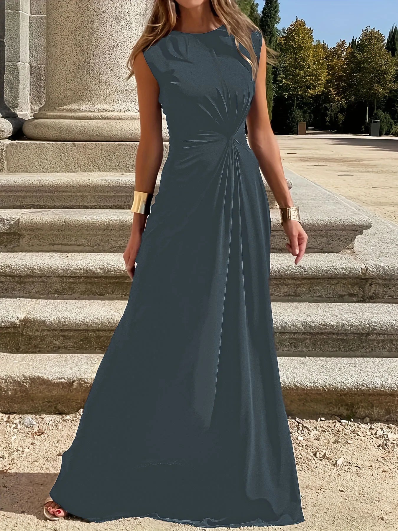 Women's clothing long dress fashionable casual outdoor temperament commuting waist cinching elegant round neck dress