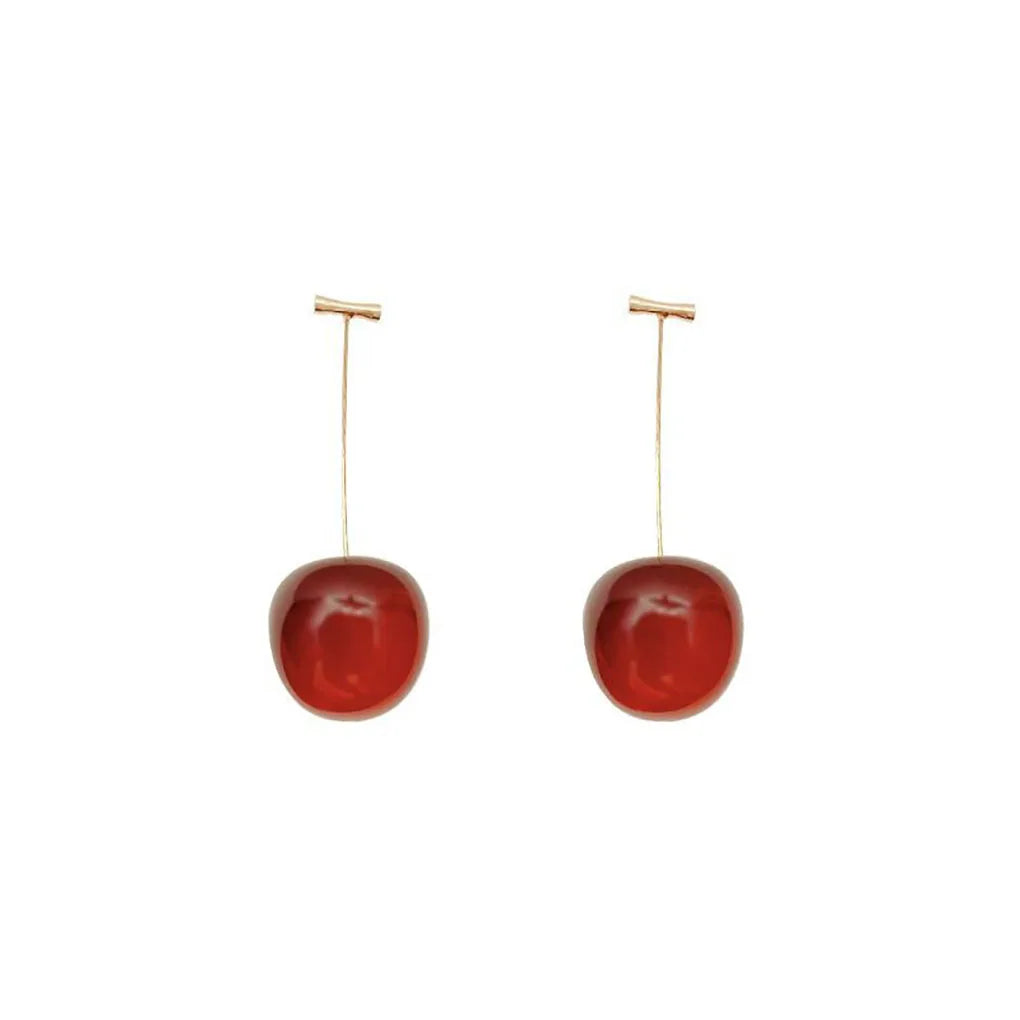 Woman's Exquisite Cherry Pendant Earrings Sweet Red Shiny Gold Color Ins Dangle Stud Earring Daily Jewelry Birthday Gift