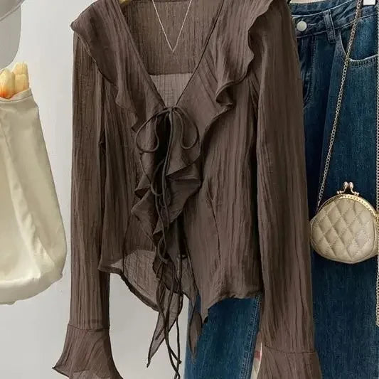 Blouses for Women Chemise Femme Women's Ruffled Flared Shirts Blusas Femininas Elegantes Y2k Tops Vintage Spring Shirt Thin Coat
