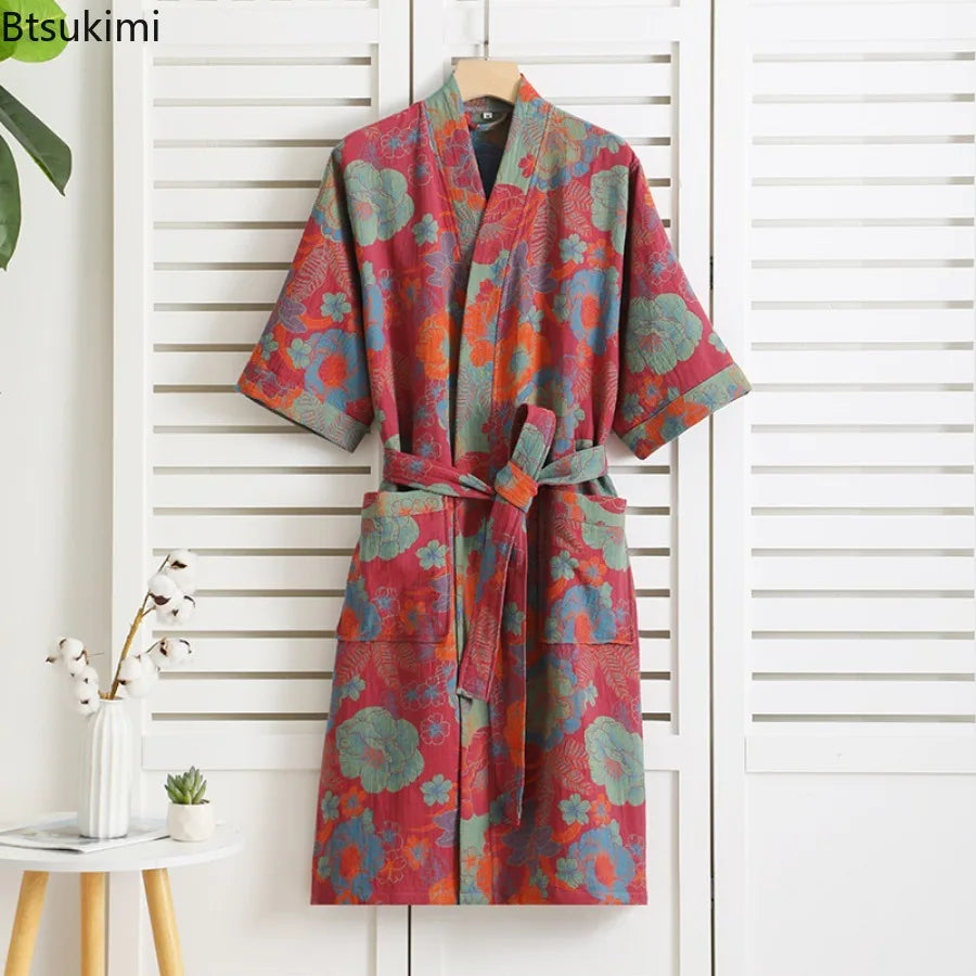 New 100% Cotton Lady's Bathroom Robe Printed Nightgown Style Pure Cotton Double-Layer Gauze Comfortable Dressing Gown for Women
