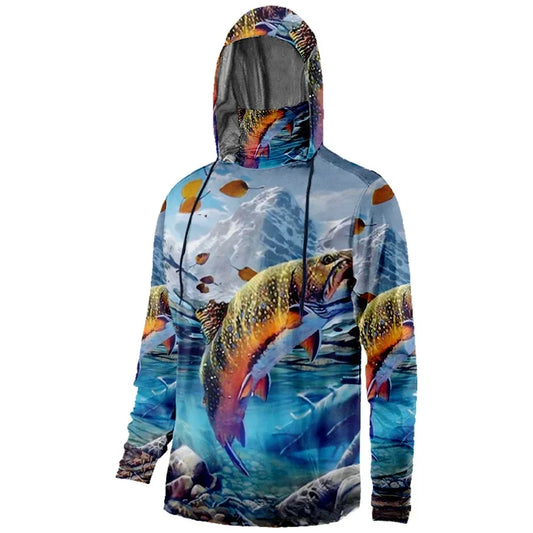 Mens Fishing Clothing Trout Tuna Water Waves Sunset Printed Sun Protection Face Mask Hoodies Outdoor Sports Breathable Clothes
