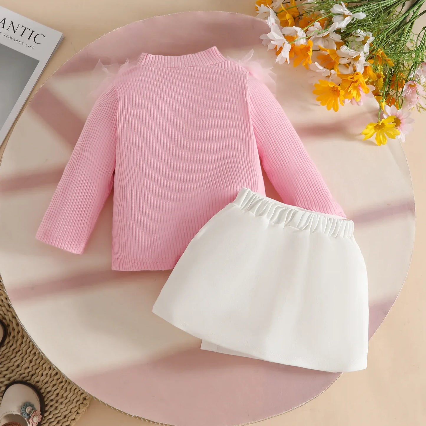 Baby Girl ClothesTulle Trim 2Pcs Sets 0-3Y Baby Dresses Long Sleeve Top and Button Accent Skirt for Newborn Girls Party Outfit