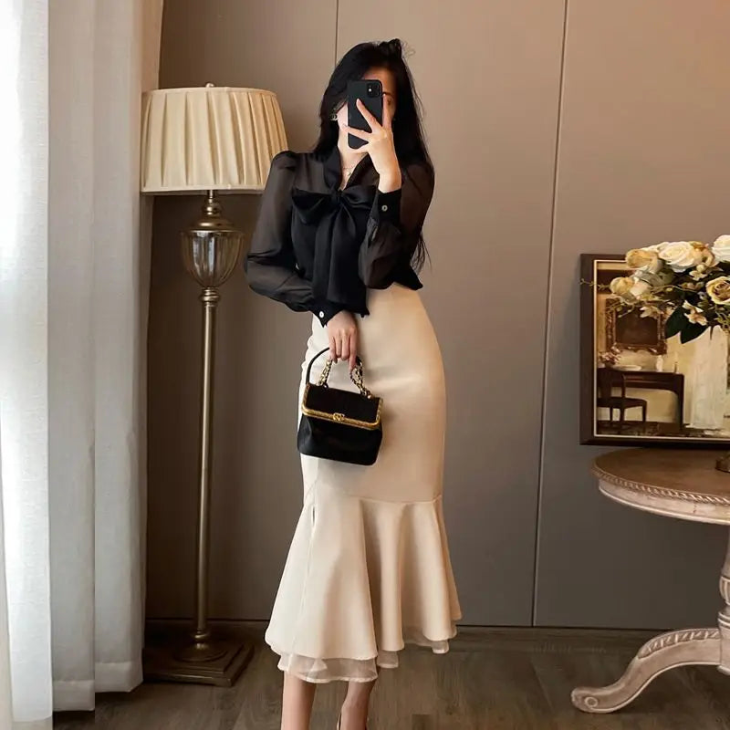 Women Clothing Temperament Chiffon Bow Lacing Thin Shirt Tops Spring Summer New Long Sleeve Solid Elegant Blouse Sexy Fashion