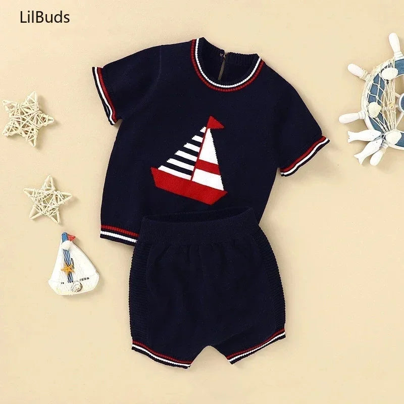 2025 Baby Clothes Infant Boy Knitted Clothing Sets Summer Toddler Shirt Shorts Suit Boys Party Kids Spanish Boutique Costume