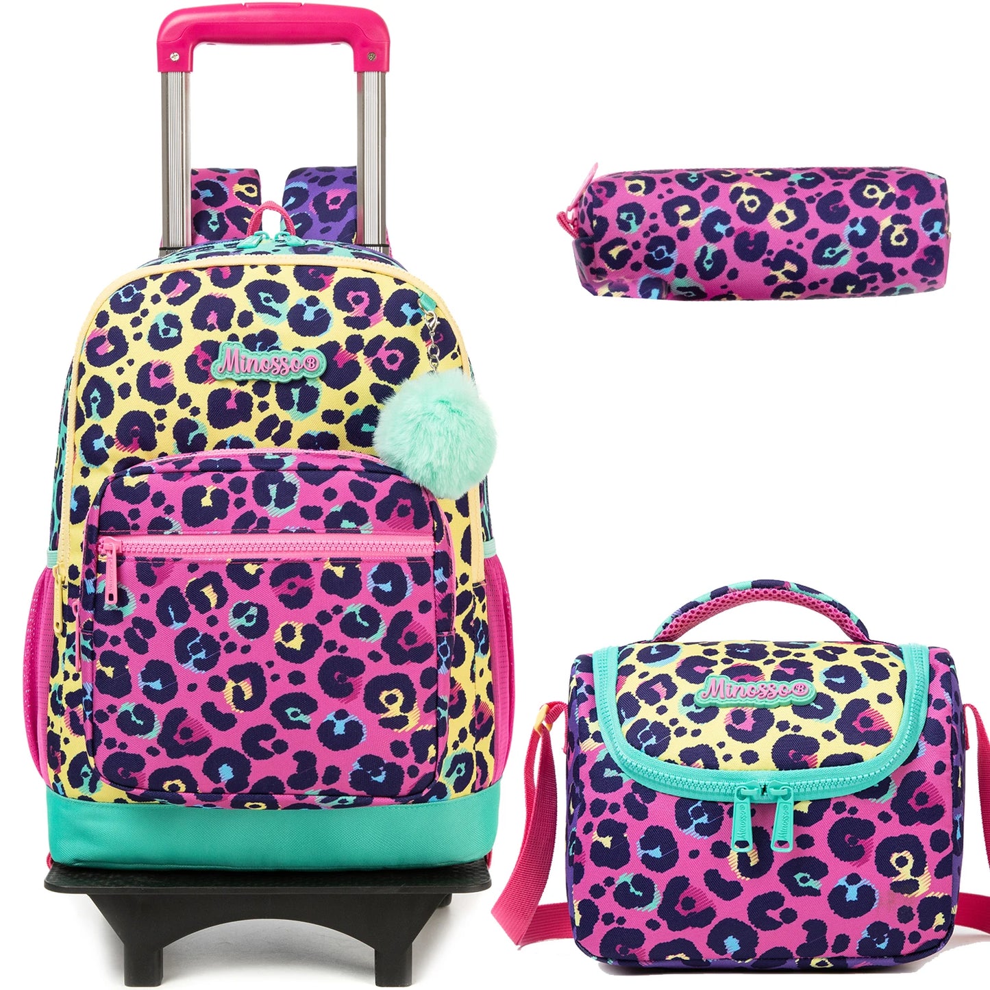 Cute Rolling Backpack for Girls Trolley School Bags Girls Backpacks with Wheels Kids Carry-on Travel Luggage Pink