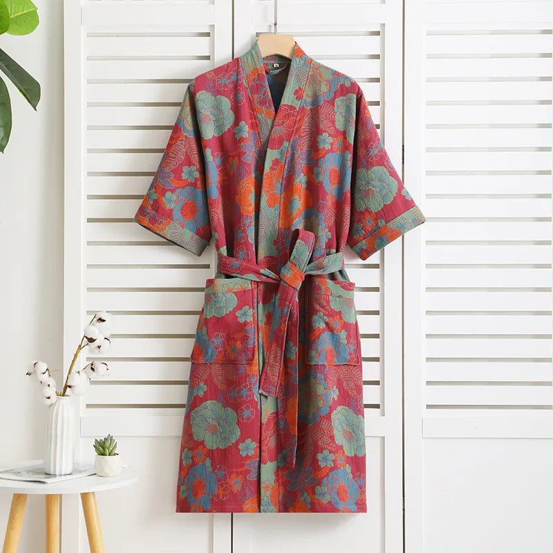 New 100% Cotton Lady's Bathroom Robe Printed Nightgown Style Pure Cotton Double-Layer Gauze Comfortable Dressing Gown for Women