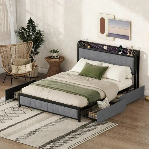 Queen Bed Frame with LED Headboard, Upholstered Bed with 4 Storage Drawers and USB Ports, Beige